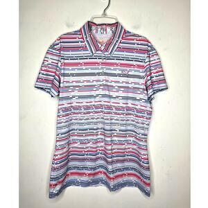 Puma red white blue striped short sleeve polo shirt - medium - golf tennis